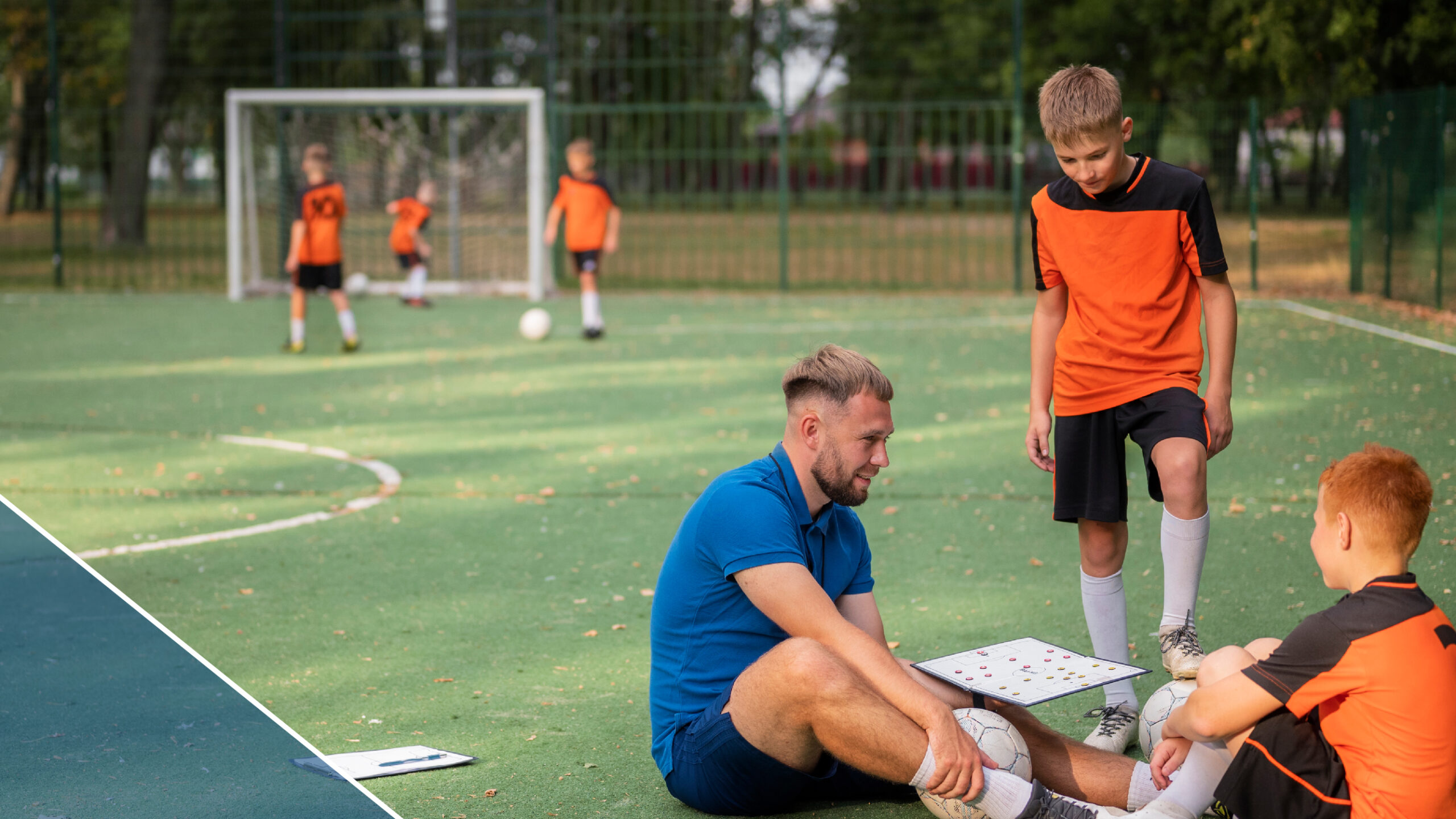 Image of youth soccer coach working with players